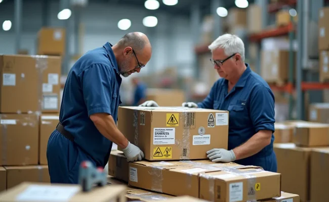 Controllo qualità in magazzino industriale con verifica di etichette tecniche e pittogrammi su pallet e materiali per il fissaggio
