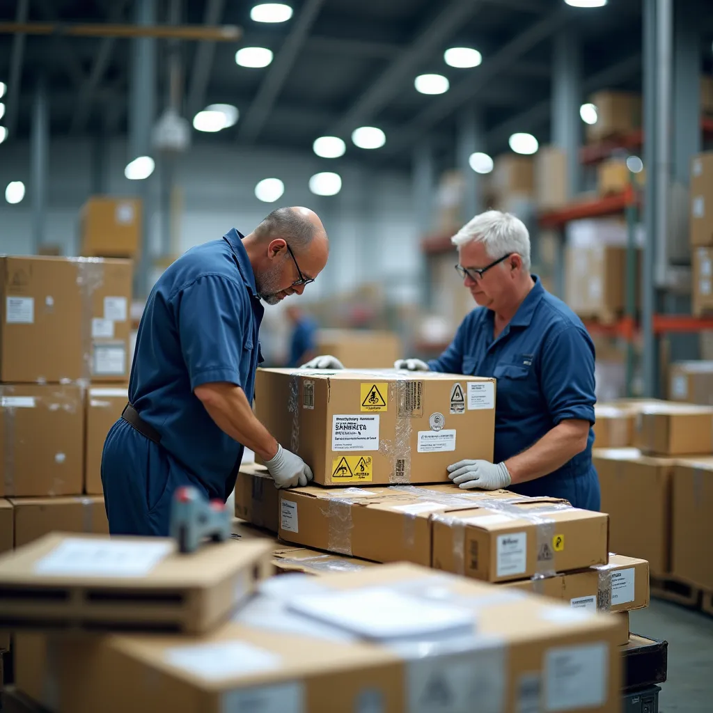 Controllo qualità in magazzino industriale con verifica di etichette tecniche e pittogrammi su pallet e materiali per il fissaggio