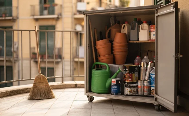 Armadio da esterno aperto su un balcone con scope, vasi e alcuni prodotti chimici domestici come vernici e spray