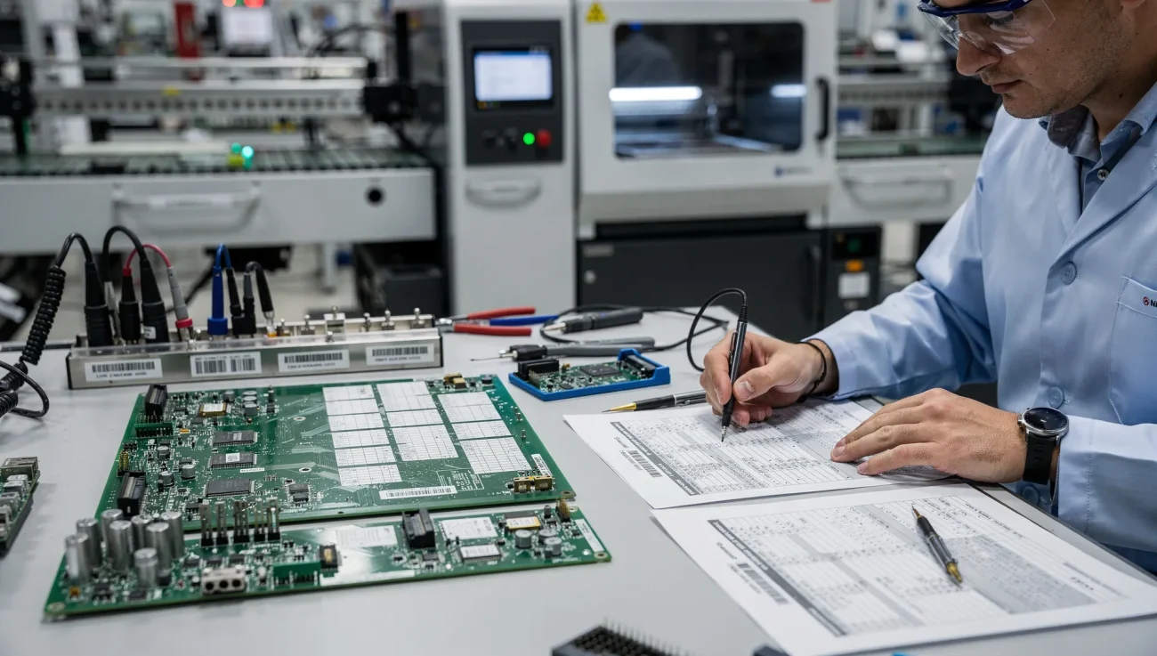 Tecnico in reparto elettronico controlla una scheda PCB assemblata con etichette e documenti di conformità su banco di lavoro