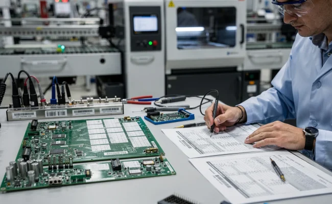 Tecnico in reparto elettronico controlla una scheda PCB assemblata con etichette e documenti di conformità su banco di lavoro